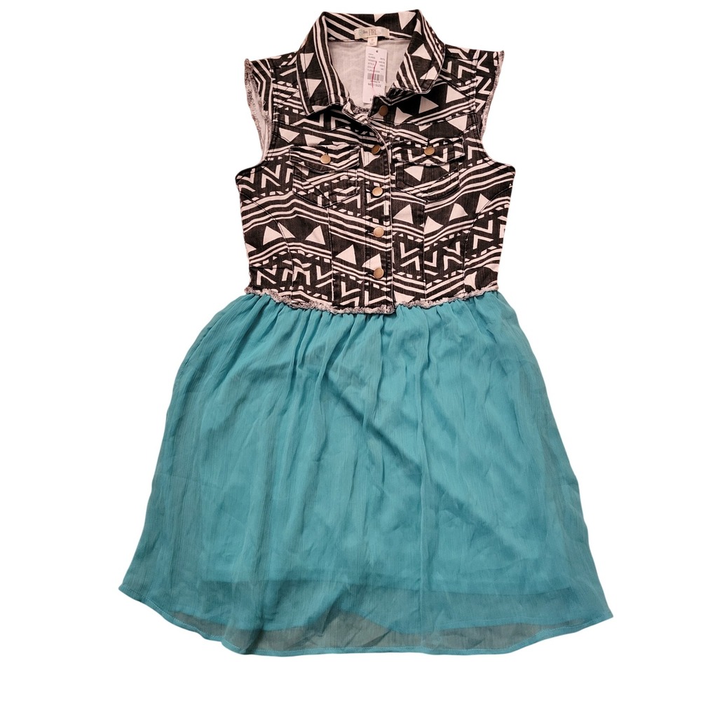 Love Fire Tribal Print Denim Chiffon Mixed‎ Media Mini Dress Turquoise Tutu M